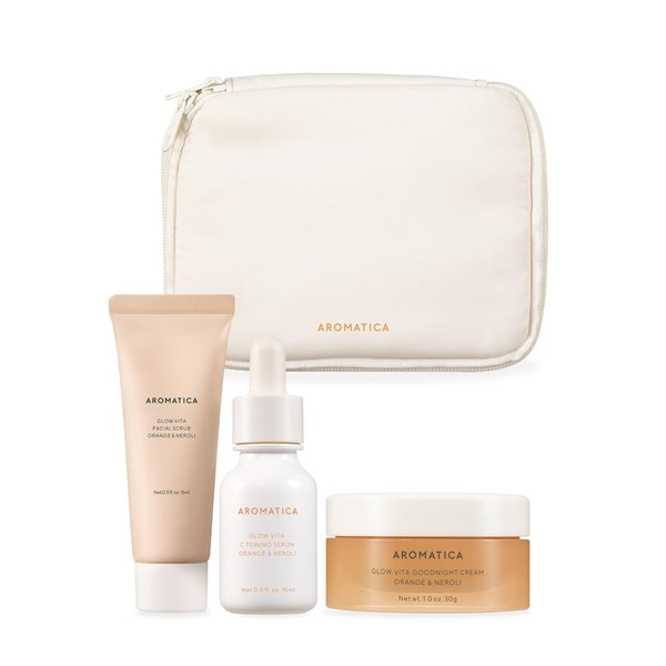 AROMATICA Glow Vita Trial Kit - Travel Size Skin Care Set [Vitamin C Serum 0.5 fl.oz, Facial Scrub 0.5 fl.oz, Goodnight Cream with Retinol 1oz] - Travel Kit for Women | Gift Set for Glass Skin