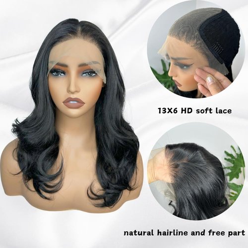 LOLYDEER 13X6 Body Wave Lace Front Wigs Black Wavy Synthetic Lace Front Wig HD Glueless Lace Wigs Pre Plucked Natural Hairline With Baby Hair 18 Inch Wear And Go Wigs For Black Women