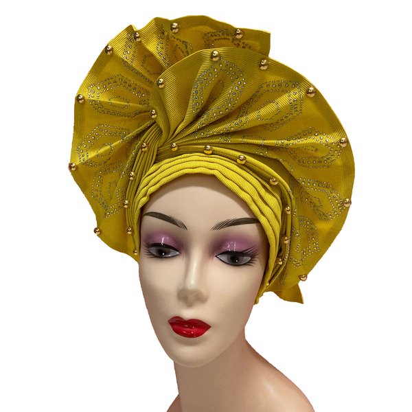 SugeGasa Nigerian Aso Oke Auto Gele Headties with Beads&Stones Already Made African Headtie Hat Women Head Wrap Turban Cap Fashion Headbands (Yellow)