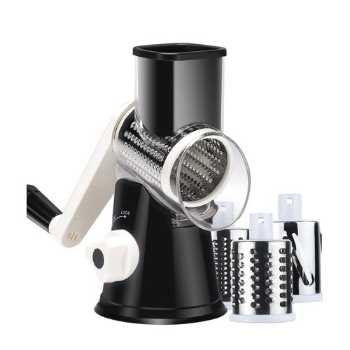 Ancevsk Rotary Cheese Grater with Handle, Manual Speed Round Cheese Shredder with Strong Suction Base, Easy to Use Potato Hashbrown Shredder with 3 Replaceable Stainless Steel Drum Blades (Black)