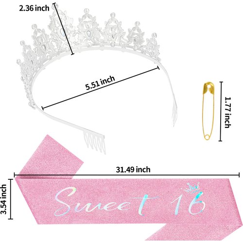 YARIEW Pink Sweet 16 Sash and Tiara Set, Sweet 16 Birthday Decorations for Girls, Birthday Crown and Sash, 16th Birthday Gifts for Girls, Sweet Sixteen Gifts for Girls…