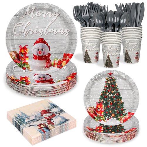 168 Pcs Christmas Paper Plates and Napkins Sets Snowman Christmas tree Disposable Dinner Tableware Set With 7" Plates, 9" Plates, Napkins,Cups & Knife & Fork &Spoon Party Supplies Serve 24 Guests