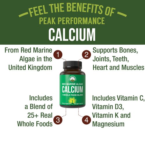 Plant Based Calcium - Red Marine Algae Calcium Supplement with Vitamin C, D3, K, Magnesium, and Whole Food Vegetable Blend. Vegan Capsules for Bones and Joints. 120 Calcium Pills, Tablets