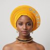 Nigerian Headtie with Stones Female Head Wraps Already Made Auto Gele Head Tie African Turban Cap for Party (Golden)