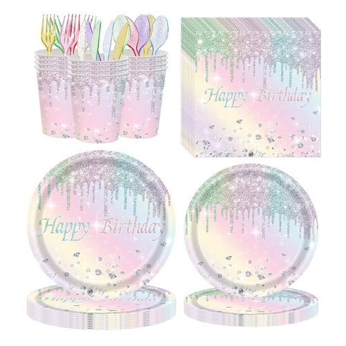 Bourns 168PCS Colorful Happy Birthday Decorations,Happy Birthday Plates and Napkins Party Supplies, Colorful Glitter Paper Plates and Napkins with Colorful Plastic Forks Knives Spoons Serve 24 Guests