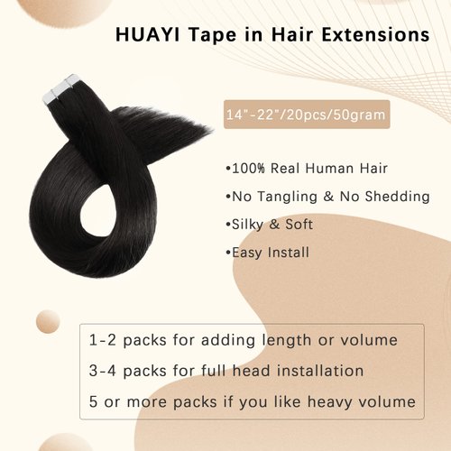 Tape in Hair Extensions Natural Black 14In 20Pcs 50g/set 100% Remy Human Hair Extensions Seamless Straight Soft No Tangling No Shedding Skin Weft Tape in Extensions Human Hair for Women