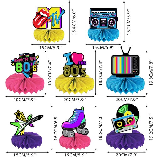 8 Pieces 80s Party Decorations Honeycomb Centerpieces 1980s Throwback Birthday Party Table Toppers Centerpieces for Back to The 80s Themed Party Favors Supplies