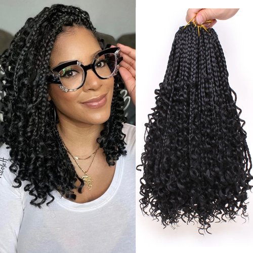 COOKOO 14 Inch Goddess Box Braids Crochet Hair for Black Women 8 Packs Synthetic Bohomian Hippie Crochet Box Braids With Curly Ends Pre Looped Crochet Braiding Hair 1B#