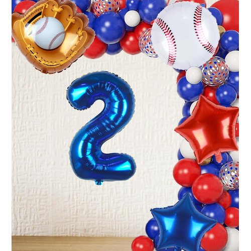 Kwuz Baseball Balloons 2nd Birthday Decorations for Boys | Baseball Birthday Decoration Sports Theme Party Supplies, 32Inch Foil Mylar Number 2 Balloon Navy Blue Red White Sports Balloon Arch Kits