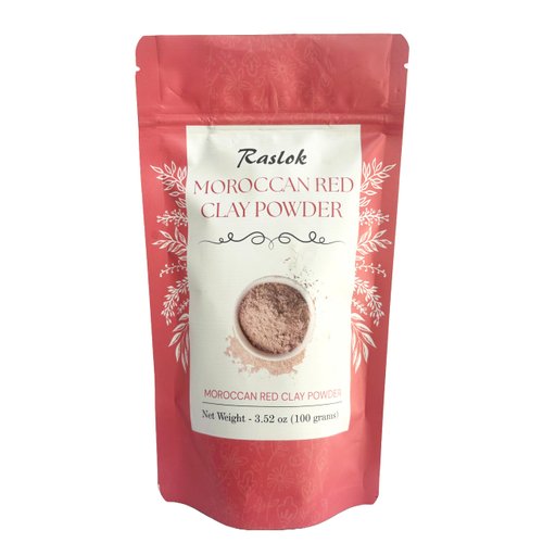 Raslok Moroccan Red Clay Powder 100g | 3.52 oz. | Suitable for Face Mask, Scrub,Soaps,Bath Bombs, Body Wraps | Very Fine Powder | No Additives | Detoxifies, Removes impurities