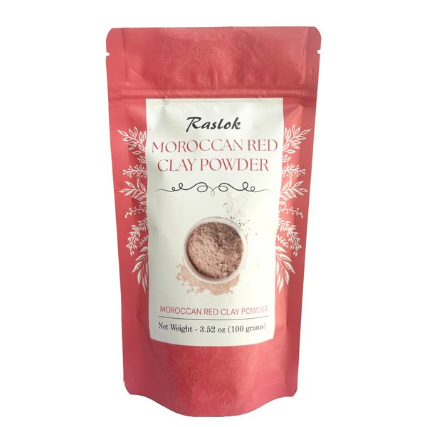 Raslok Moroccan Red Clay Powder 100g | 3.52 oz. | Suitable for Face Mask, Scrub,Soaps,Bath Bombs, Body Wraps | Very Fine Powder | No Additives | Detoxifies, Removes impurities