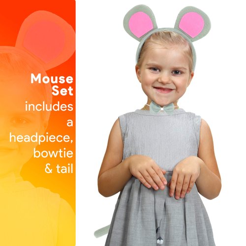 Skeleteen Mouse Costume Accessory Set - Grey and Pink Ears Headband, Bow Tie and Tail Accessories Set for Rat Costume for Toddlers and Kids