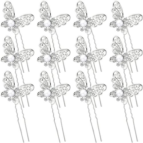 12 Pieces Butterfly Hair Pin Butterfly Hair Clips Crystal Pearl Hair Clips Bridal Wedding Hair Pins Bride Headwear Hair Accessories for Women(Charming Style)