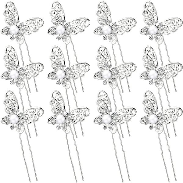 12 Pieces Butterfly Hair Pin Butterfly Hair Clips Crystal Pearl Hair Clips Bridal Wedding Hair Pins Bride Headwear Hair Accessories for Women(Charming Style)