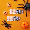 24Pcs Halloween Press on Nails Short Square Fake Nails French Skulls False Nails Full Cover Cute Acrylic Nails Blue Purple Cobwebs Deigns Artificial Nails Glossy Glue on Nails for Women and Girls