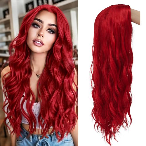 Baruisi Red Wig Long Wavy Middle Part Red Wigs for Women Natural Synthetic Replacement Hair Wig,27inch