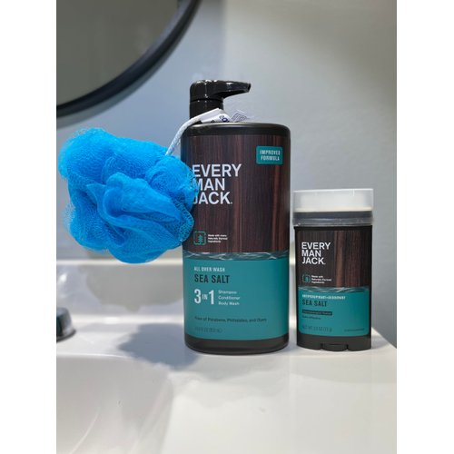 Every Man Jack Bath bundle: (1) Sea Salt Hydrating Men's 3-in-1 Body Wash and Shampoo and Conditioner - 28.8 fl oz, (2) Sea Salt Men's Antiperspirant Deodorant - 2.6oz, (3) Bath sponge loofah., clear