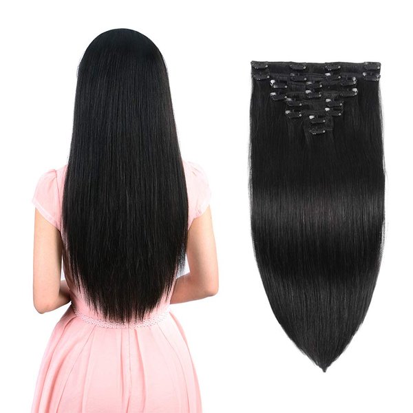 Real Clip in Hair Extensions Natural Black 8 Pieces - Premium Womens Straight Double Weft Thick Remy Hair Extensions Clip in on Human Hair for Long Hair (16" / 16 inch, #1B, 102 grams/3.6 Oz)