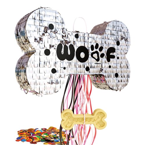 MUWOOB Dog Bone Pinata for Puppy Birthday Party Decorations, Pull String Pinata for Dog Themed Party Supplies, Silver Bones (16 x 10 x 3 inches)