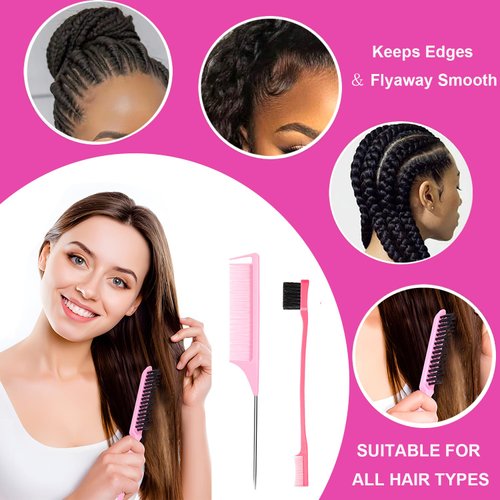 Hair Styling Comb Set - 6 PCS Teasing Brush, Rat Tail Edge Brush for Women, Girls, Kids Braiding, Backcombing (Pink)