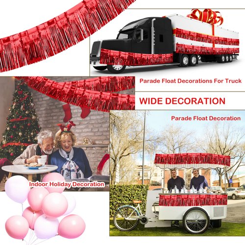 4 Pack Float Fringe Curtains, Metallic Foil Fringe Garland Shiny Tassel Foil Float Parade Float Decorations for Trailer Car Graduation Homecoming Outdoor Indoor 4th of July Party (Red)
