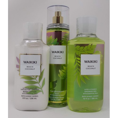 New for 2021 Waikiki Beach Coconut (Coconut, Salt Water Breezes, Woods) Three Piece Set W 10 Oz Shower Gel, 8 Oz Body Lotion, and 8 Oz Fine Fragrance Mist