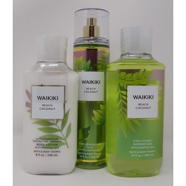 New for 2021 Waikiki Beach Coconut (Coconut, Salt Water Breezes, Woods) Three Piece Set W 10 Oz Shower Gel, 8 Oz Body Lotion, and 8 Oz Fine Fragrance Mist