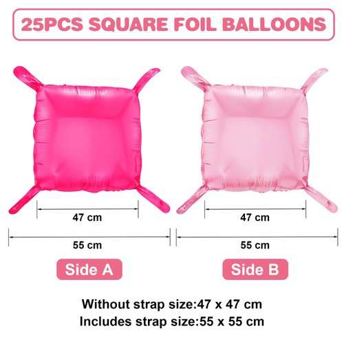 Hot Pink Square Foil Balloon Wall,25Pcs Double Sided Balloon Backdrop Helium Mylar Balloon Tunnel Arch Garland Kit for Birthday Bridal Anniversary Baby Shower Party Decorations