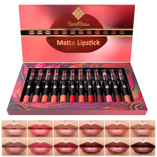 CoralBeau Matte Lipstick Set - 12-Piece Lip Crayon Set With Nude, Pink, Mauve & Red Shades - Waterproof, Long-Wearing Smudge Proof Lipstick Formula with Rich Colors & Pigments