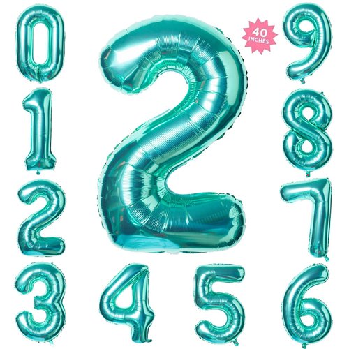 40 Inch Teal Blue Jumbo Digital Number Balloons 2 Huge Giant Balloons Foil Mylar Balloons for Baby Shower Party Ocean Mermaid Theme Birthday Decor Supplies