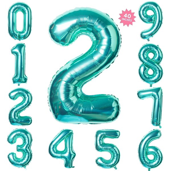 40 Inch Teal Blue Jumbo Digital Number Balloons 2 Huge Giant Balloons Foil Mylar Balloons for Baby Shower Party Ocean Mermaid Theme Birthday Decor Supplies