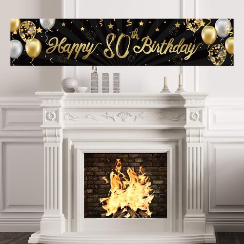 Happy 80th Birthday Banner Sign Gold Glitter 80 Years Birthday Party Decorations Supplies Anniversary Celebration Backdrop