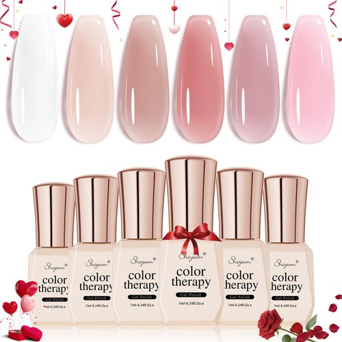 SHOYUM Milky White Jelly Nude Gel Nail Polish Set, 6 Transparent Colors Sheer Pink Gel Nail Kit f...