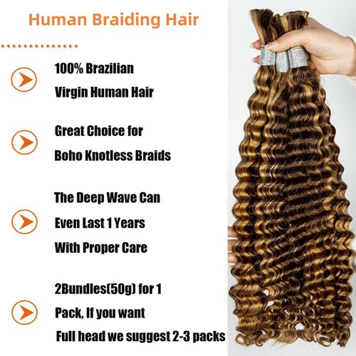 Human Braiding Hair For Boho Knotless Braids 100g Deep Wave Bulk Human Hair for Braiding No Weft Wet And Wavy Human Braiding Hair 100% Remy Human Hair Extensions (Deep Wave-4/27, 28 Inch)