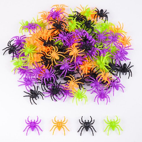 JIALWEN 120 Pieces Realistic Halloween Plastic Spiders 4 Colors Small Spider Toys Fake Spiders Te...