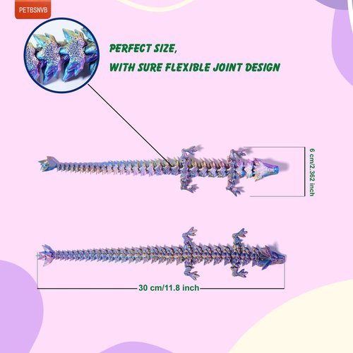 PETBSNVB Three Color 12" 3D Printed Dragon, Articulated Dragon, Crystal Dragon, Dragon Fidget Toy, Home Office Decor Executive Desk Toy (Blue Head)