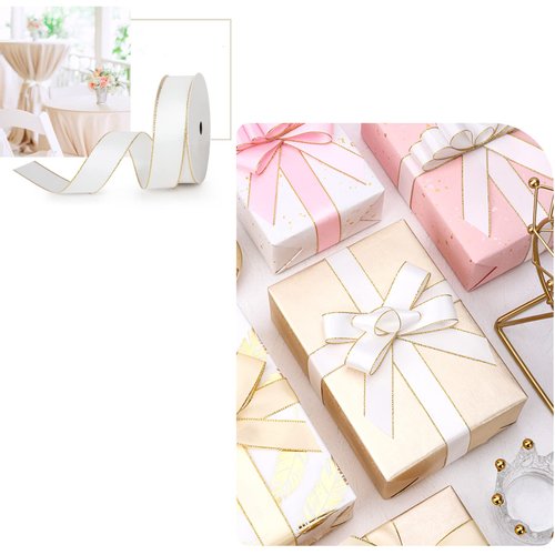 VIVIQUEN White Double Faced Satin Ribbon with Gold Edge, 1” Polyester Continuous Ribbon -25 Yards,Wide Ribbon for Gift Wrapping,Wedding,Bows Bouquet,Floral Arrangement and Craft