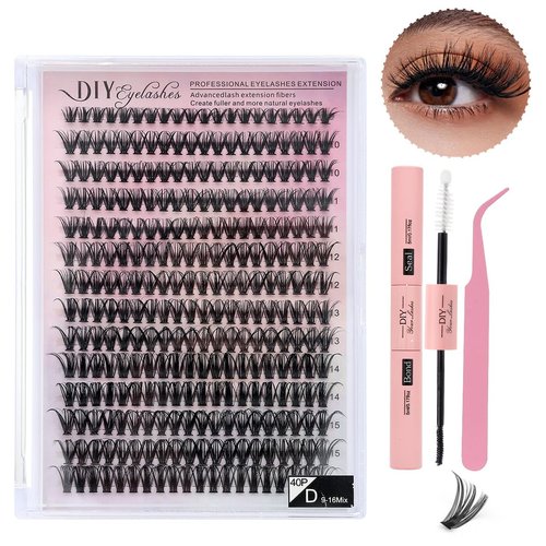 DIY Lash Extension Kit, 280pcs 40D 9-16mm Mix Mix eyelash extension Kit With Bond And Seal, D Curl Lash Clusters, Natural Look Individual Lashes (40D KIT)