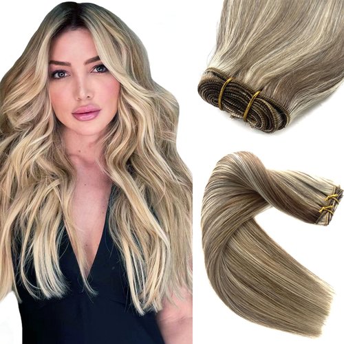 Sew in Hair Extensions Real Human Hair, 20 Inch 100G Weft Hair Extensions Human Hair Bundles Ash Brown and Blonde Balayage Ash Blonde Highlights Hand Tied Weft Hair Extensions Human Hair Weave