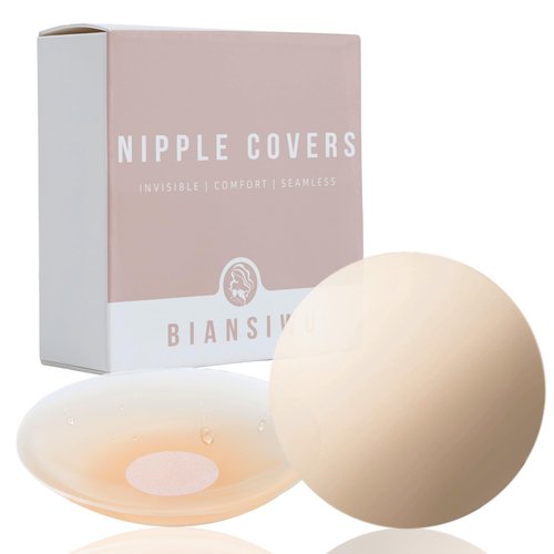 BIANSIWU Nipple Covers 2 Pairs, Seamless Sticky Adhesive Silicone Nipple Pasties For Women, Breast Stickers Petals for Strapless Dress Reusable Crème