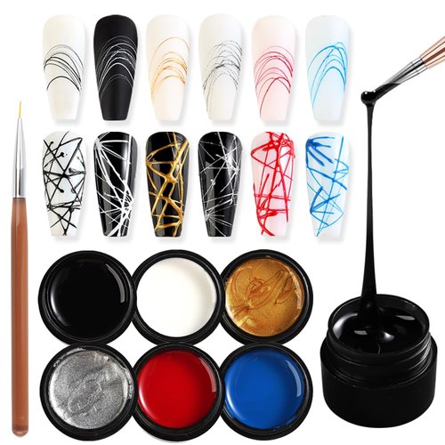 SUTOKAKA 6 Colors Spider Gel Set, Elastic Drawing Spider Gel with Nail Art Brush, White Black Red Blue Gold Silver Paint Wire Drawing Gel Polish Manicure DIY Nail Designs