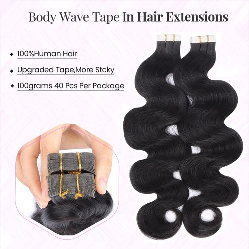 Long 26Inch Body Wave Tape in Hair Extensions Natural Wave Human Hair Invisible Tape Ins Natural Black Hair for Black Women Real Hair Tape in Extensions 40Pcs 100G Double Sided Tape in Hair Extension