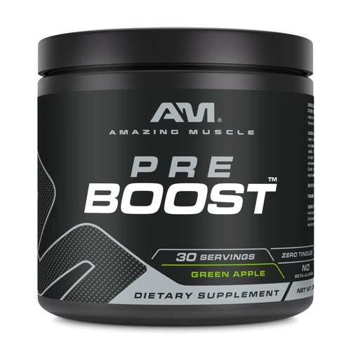 Amazing Muscle Pre Boost | 30 Servings | 324 Grams Powder | Pre Workout Supplement | Made in USA (30 Servings, Natural Green Apple)