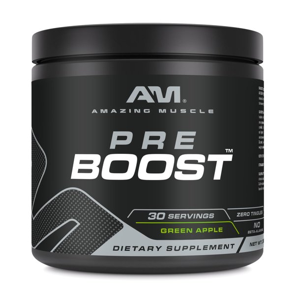 Amazing Muscle Pre Boost | 30 Servings | 324 Grams Powder | Pre Workout Supplement | Made in USA (30 Servings, Natural Green Apple)