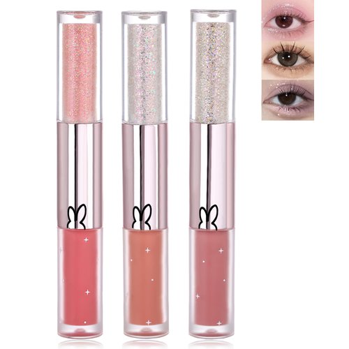 Liquid Glitter Matte Eyeshadow, Shimmer Eyeliner and Matte Cream Eyeshadow 2 in 1 Kit-3 Pcs High Pigmented Eyeshadow, Long Lasting Korean Shimmer Matte Eyeshadow Eye Makeup, Christmas Gift for Women-A