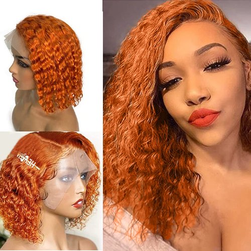 Belaved Hair Orange T Part Human Hair Wig 13x1x4 Lace Front Brazilian Remy Hair Side Part Deep Wave With Baby Hair Bleached Knots For Women Orange Bob Wigs Glueless 180% Density Curly Bob 16 Inch