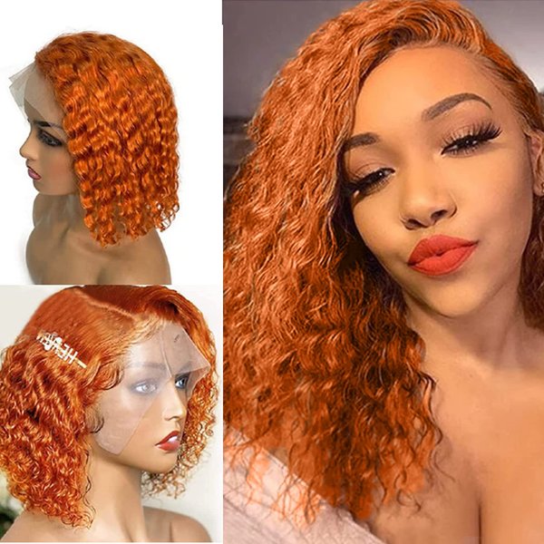 Belaved Hair Orange T Part Human Hair Wig 13x1x4 Lace Front Brazilian Remy Hair Side Part Deep Wave With Baby Hair Bleached Knots For Women Orange Bob Wigs Glueless 180% Density Curly Bob 16 Inch