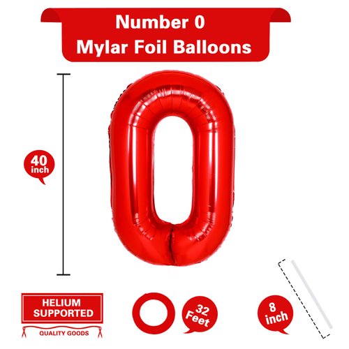 40 Inch Giant Red Number 0 Balloon, Helium Mylar Foil Number Balloons for Birthday Party, Birthday Decorations for Kids, Anniversary Party Decorations Supplies (Red Number 0)