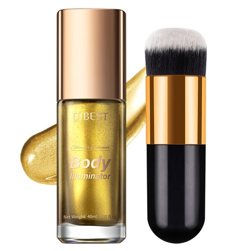 Shimmer Body Oil, Long Lasting Body Shimmer with Makeup Brush, Waterproof Liquid Highlighter, Moisturizing Smooth Body Luminizer for Glowing Skin on Face and Body, 1.35 fl oz (Wheat Gold #05)