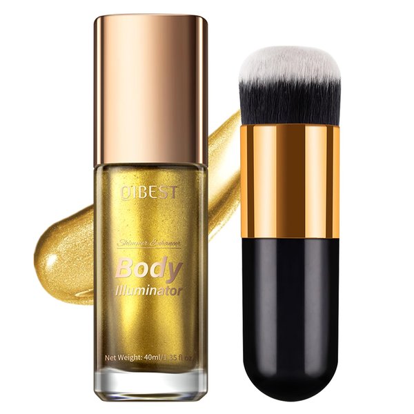 Shimmer Body Oil, Long Lasting Body Shimmer with Makeup Brush, Waterproof Liquid Highlighter, Moisturizing Smooth Body Luminizer for Glowing Skin on Face and Body, 1.35 fl oz (Wheat Gold #05)